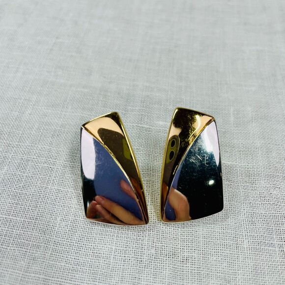 Vintage 80s Earrings Clip On Earrings Silver Gold Tone Minimalist Vintage Modern - Picture 3 of 7